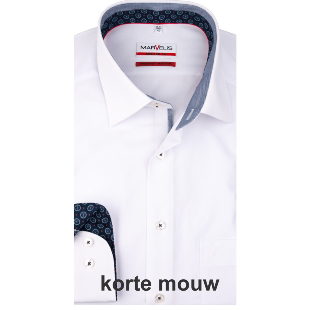 MarVelis MarVelis strijkvrij overhemd  korte mouw wit met contrast Modern Fit, New Kent kraag