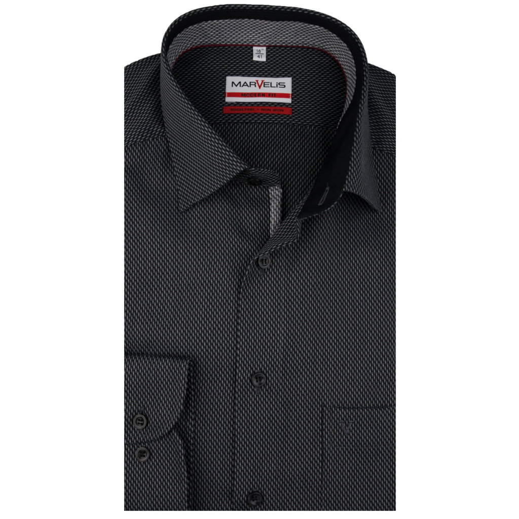 MarVelis MarVelis strijkvrij overhemd  zwart motief met contrast Modern Fit, New Kent kraag