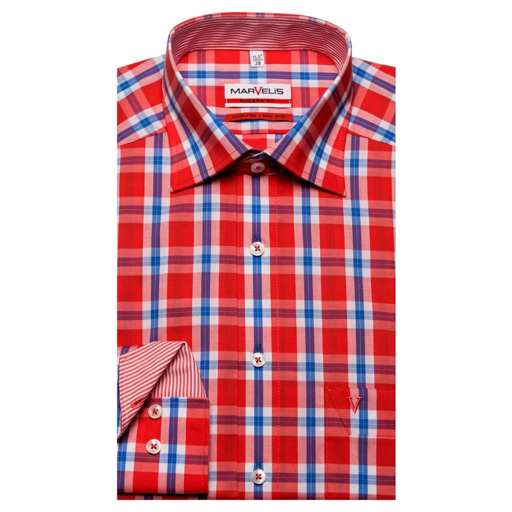 MarVelis MarVelis strijkvrij overhemd Modern Fit rood-blauw-wit geblokt, New Kent kraag.