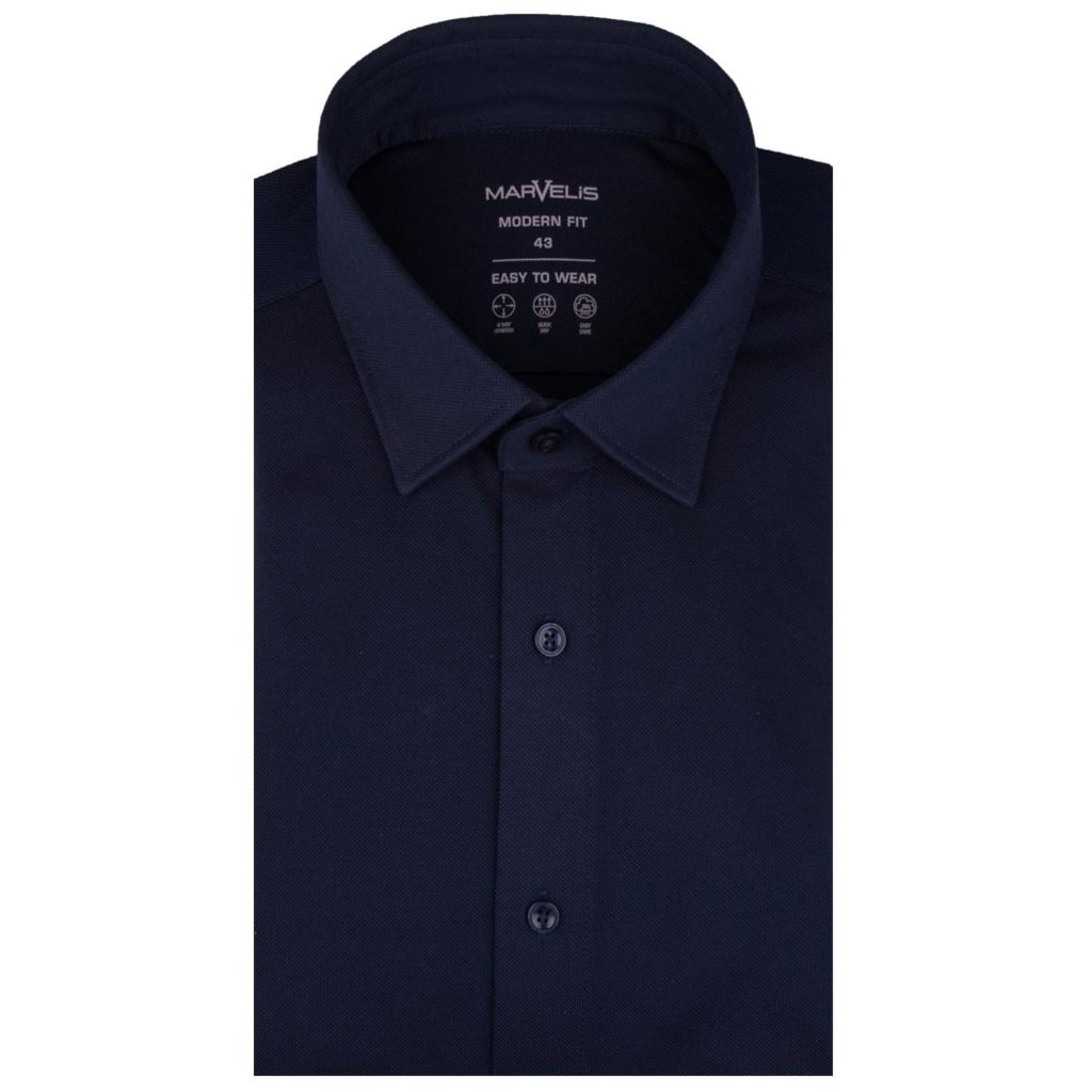 MarVelis MarVelis Piqué overhemd donkerblauw Modern Fit, New Kent kraag