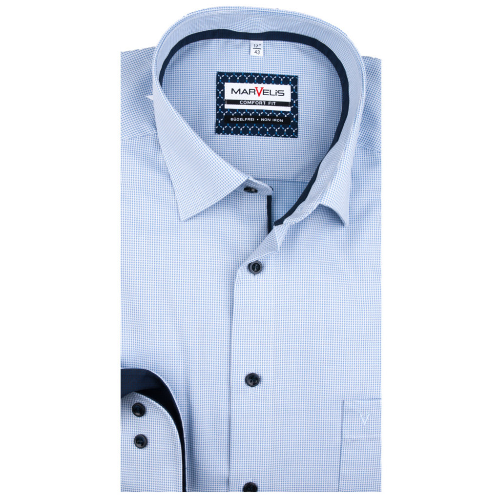 MarVelis MarVelis strijkvrij overhemd  blauw-wit blokje Comfort Fit, New Kent kraag