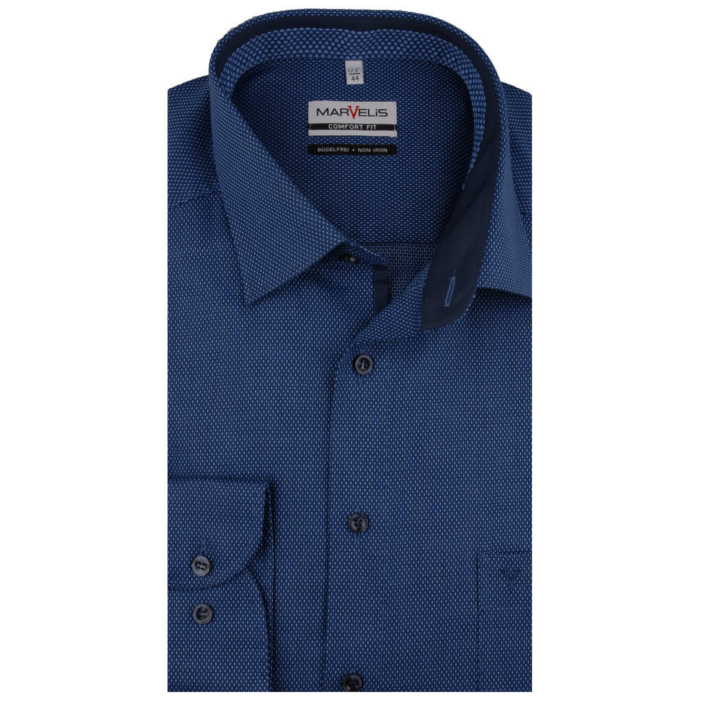 MarVelis MarVelis strijkvrij overhemd donkerblauw met print contrast Comfort Fit, New Kent kraag