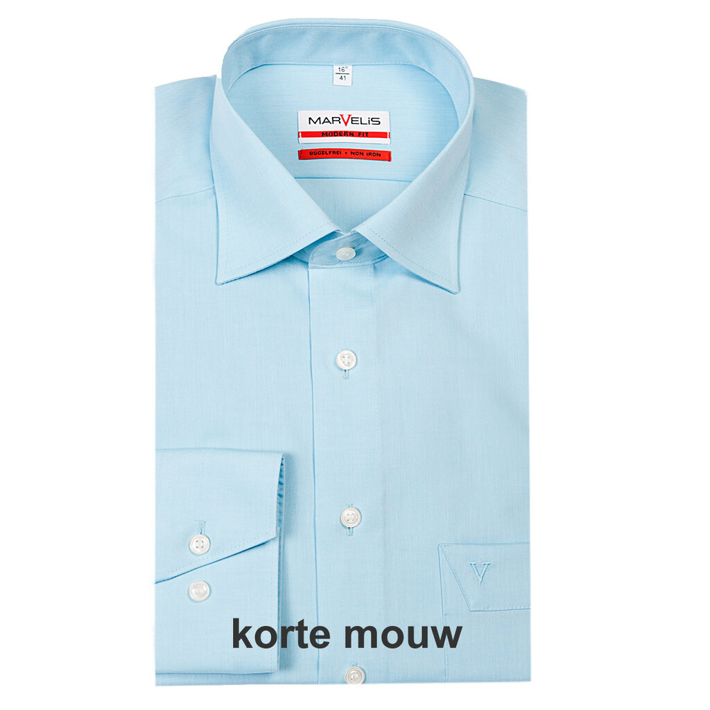 MarVelis Marvelis strijkvrij overhemd aqua blauw korte mouw Comfort Fit, New Kent kraag