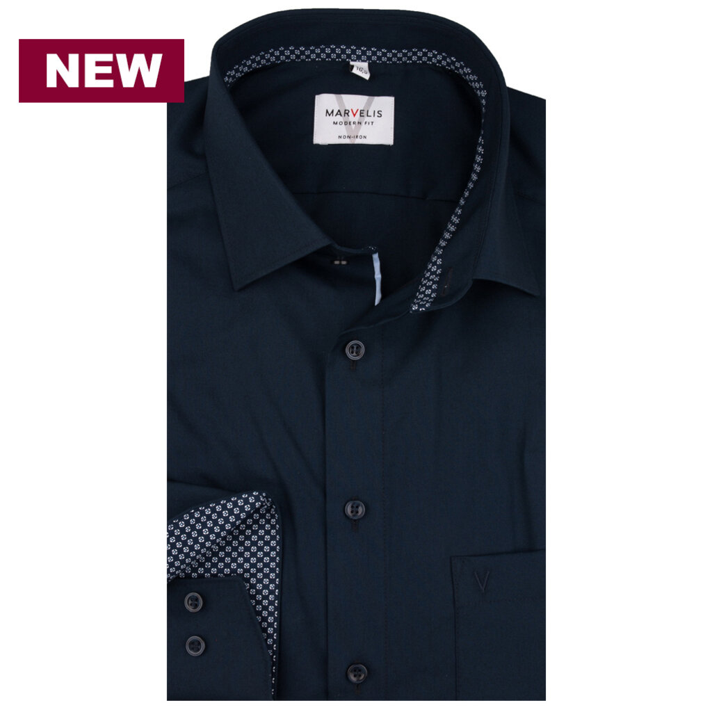 MarVelis MarVelis strijkvrij overhemd  donkerblauw met contrast Modern Fit, New Kent kraag