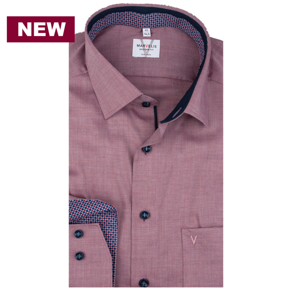MarVelis MarVelis strijkvrij overhemd  bordeaux rood met contrast Modern Fit, New Kent kraag