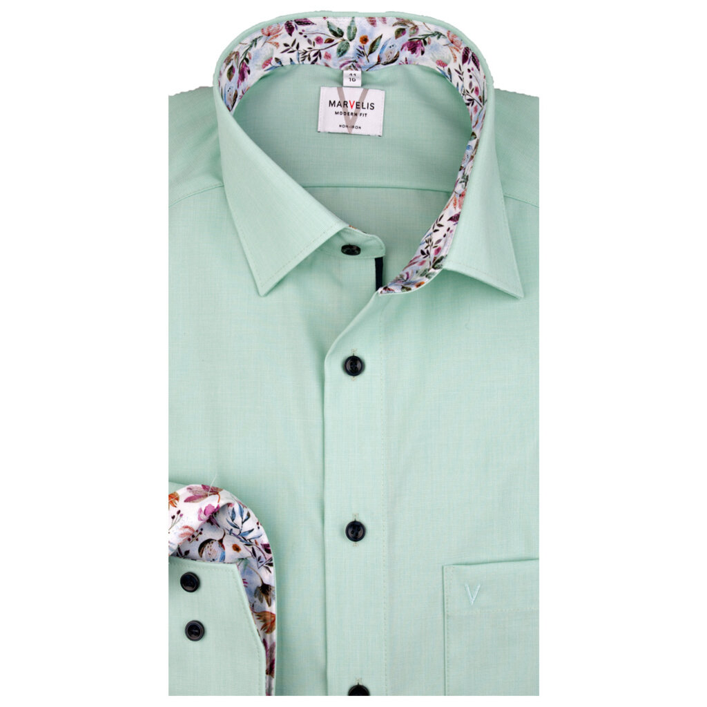 MarVelis MarVelis strijkvrij overhemd  groen met contrast Modern Fit, New Kent kraag