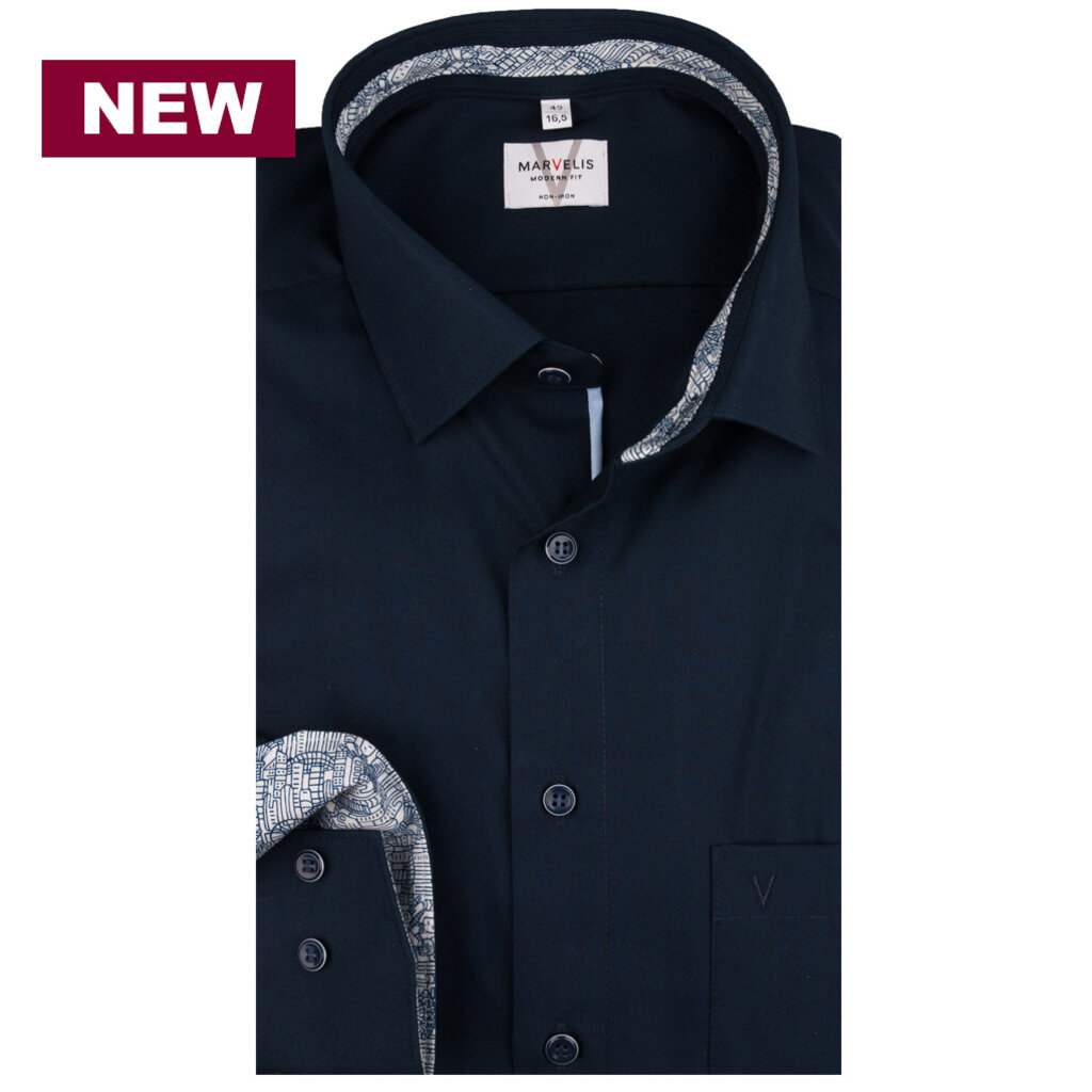 MarVelis MarVelis strijkvrij overhemd  donkerblauw met contrast Modern Fit, New Kent kraag