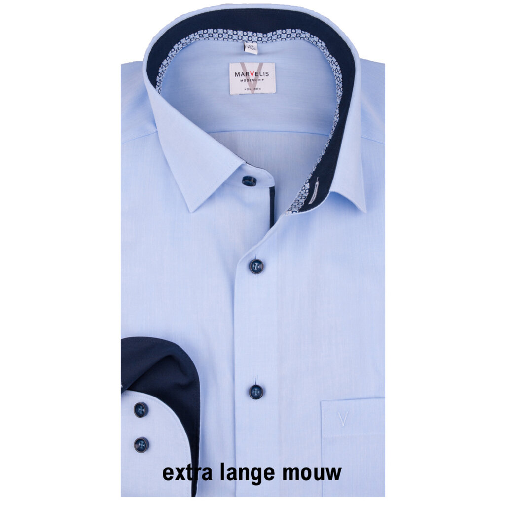 MarVelis MarVelis strijkvrij overhemd  blue met extra lange mouw  Modern Fit, New Kent kraag