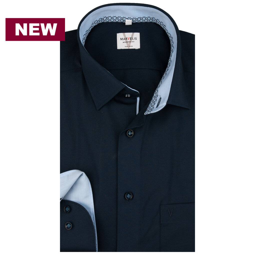 MarVelis MarVelis strijkvrij overhemd  donkerblauw met contrast Modern Fit, New Kent kraag