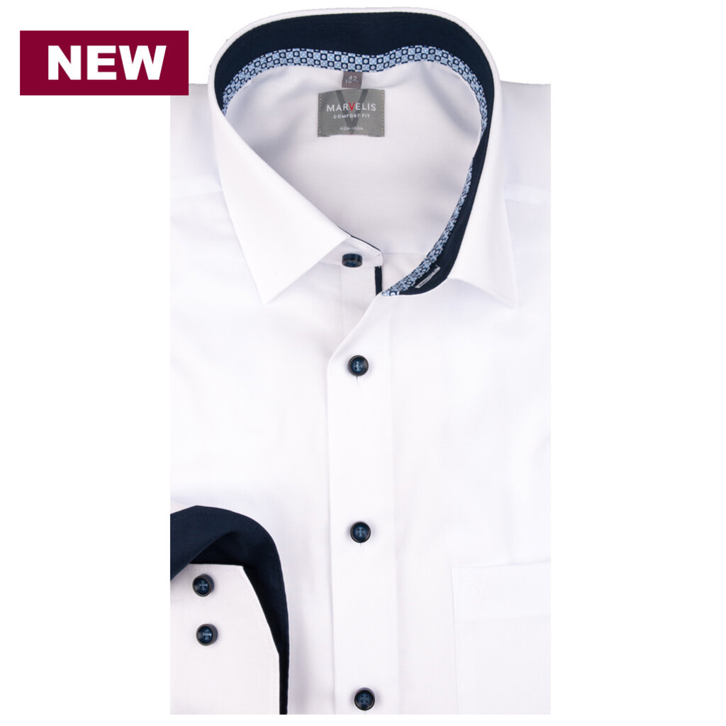 MarVelis MarVelis strijkvrij overhemd  wit met contrast Comfort Fit, New Kent kraag