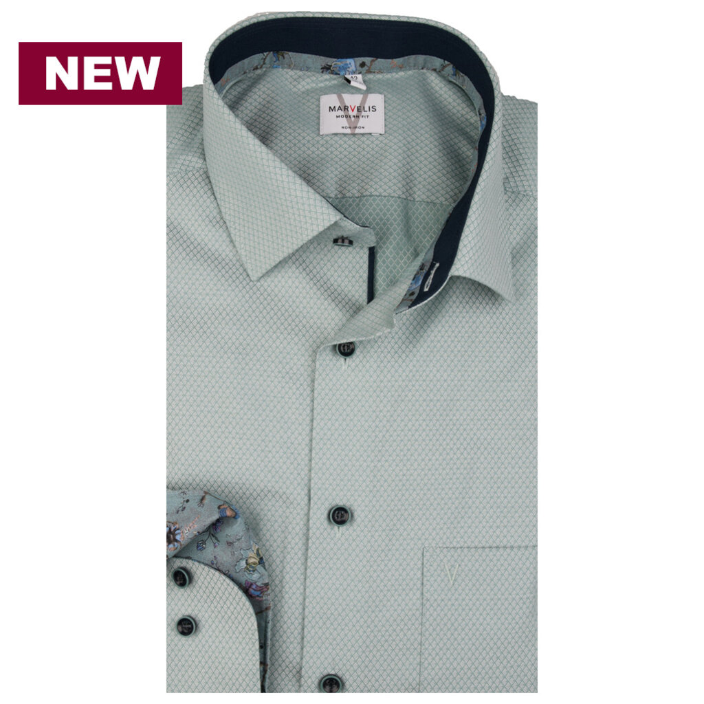 MarVelis MarVelis strijkvrij overhemd  groen motief met contrast Modern Fit, New Kent kraag