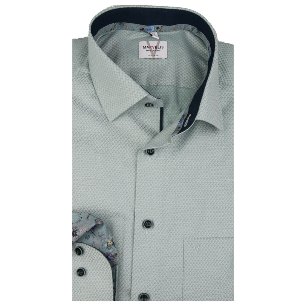 MarVelis MarVelis strijkvrij overhemd  groen motief met contrast Modern Fit, New Kent kraag