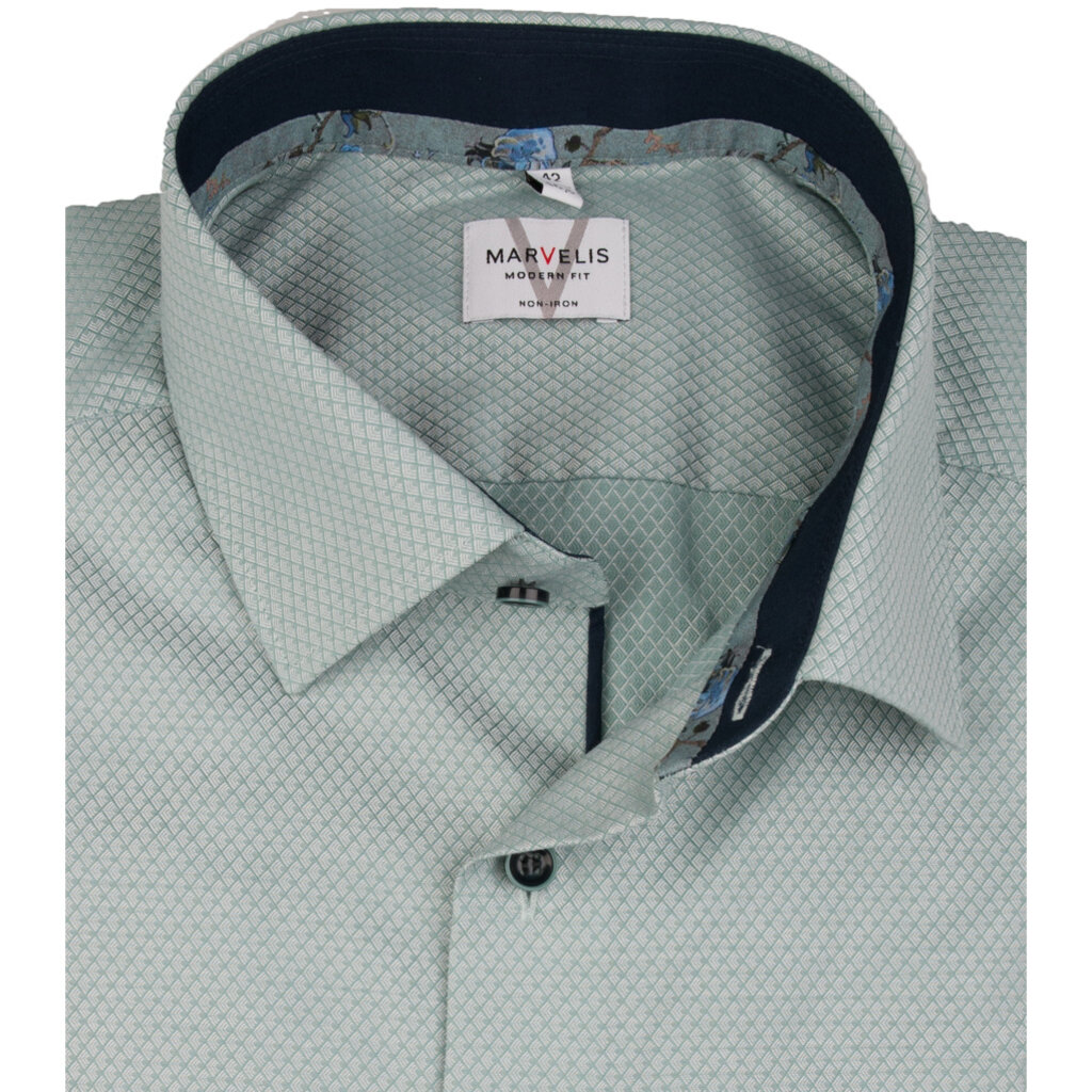 MarVelis MarVelis strijkvrij overhemd  groen motief met contrast Modern Fit, New Kent kraag
