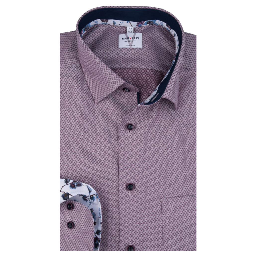 MarVelis MarVelis strijkvrij overhemd  bordeaux rood motief met contrast Modern Fit, New Kent kraag