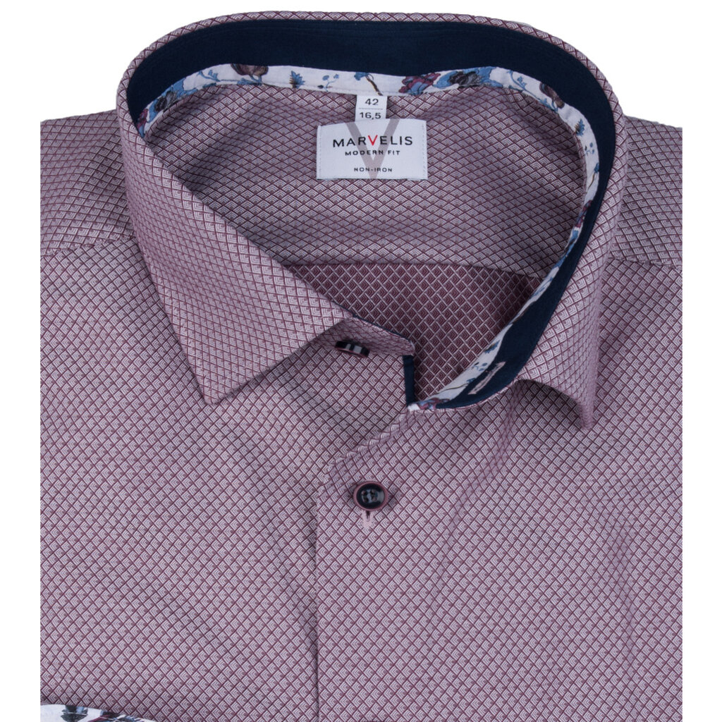 MarVelis MarVelis strijkvrij overhemd  bordeaux rood motief met contrast Modern Fit, New Kent kraag
