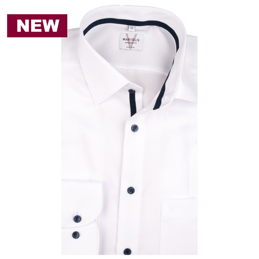 MarVelis MarVelis strijkvrij overhemd  fijn twill wit met contrast Modern Fit, New Kent kraag