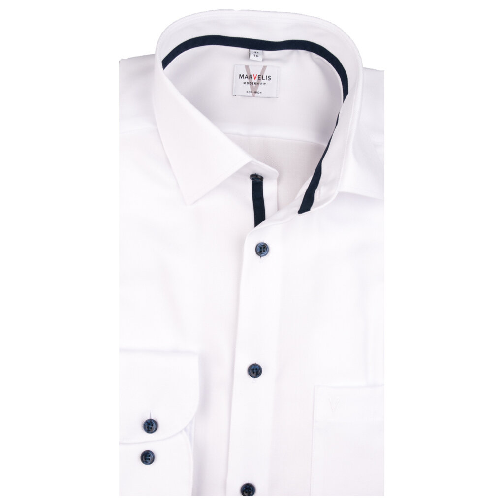 MarVelis MarVelis strijkvrij overhemd  fijn twill wit met contrast Modern Fit, New Kent kraag