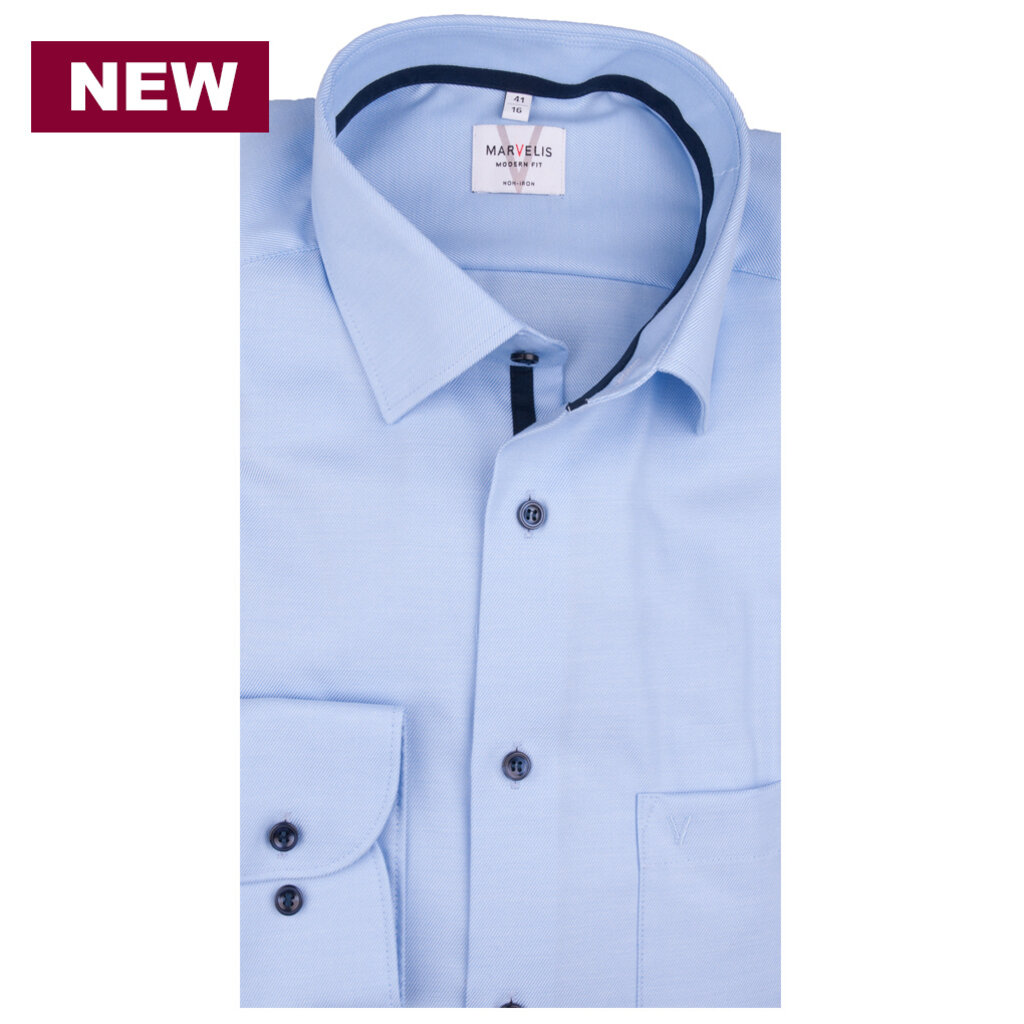 MarVelis MarVelis strijkvrij overhemd  fijn twill blue met contrast Modern Fit, New Kent kraag