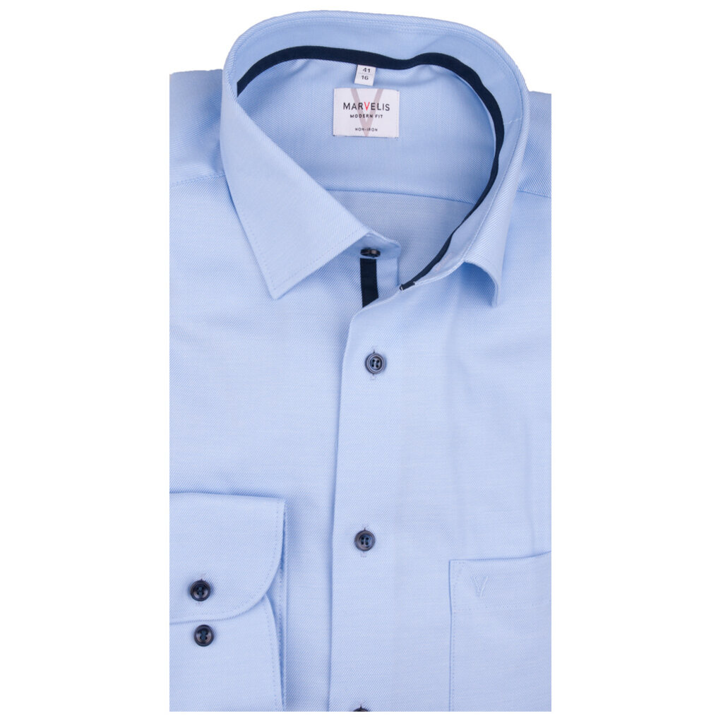 MarVelis MarVelis strijkvrij overhemd  fijn twill blue met contrast Modern Fit, New Kent kraag