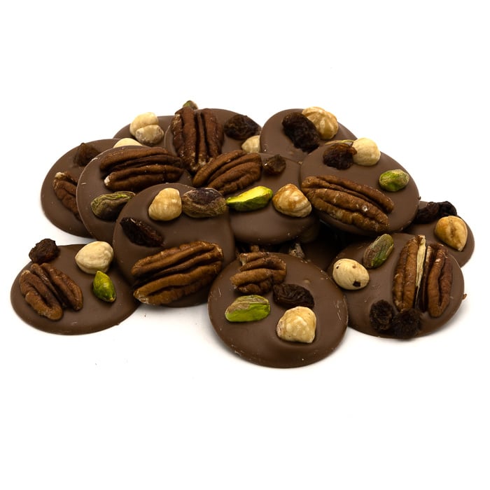 Mendiants milk with pecan nuts, pistachios, raisin and hazelnuts 150 Grs Mendiants milk with pecan nuts, pistachios, raisin and hazelnuts 150 Grs