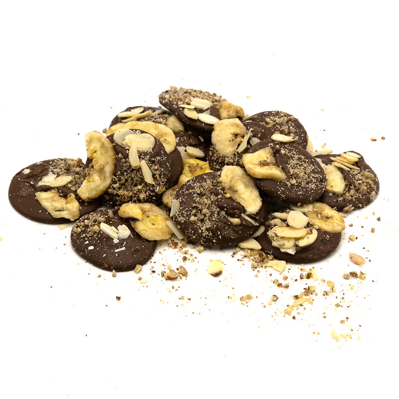 Mendiants milk with bananas, almonds and pecan nuts 150 Grs Mendiants milk with bananas, almonds and pecan nuts 150 Grs