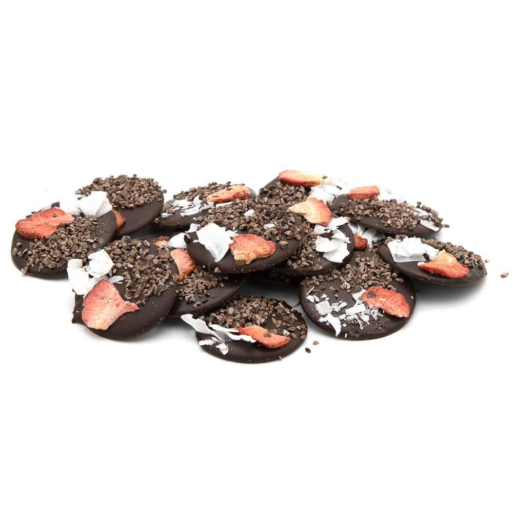 Mendiants dark with strawberries, coconut and cocoa nibs 150 Grs