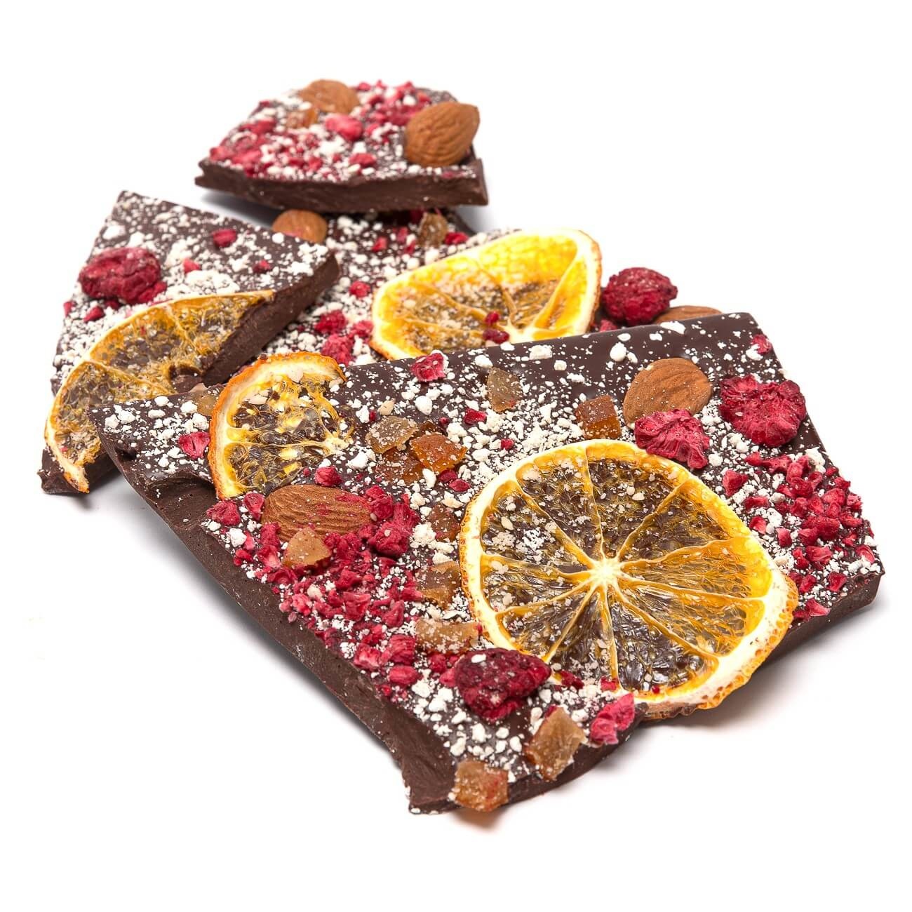 Broken bars (dark 72% with raspberries, almonds and oranges) 200 Grs Broken bars (dark 72% with raspberries, almonds and oranges) 200 Grs