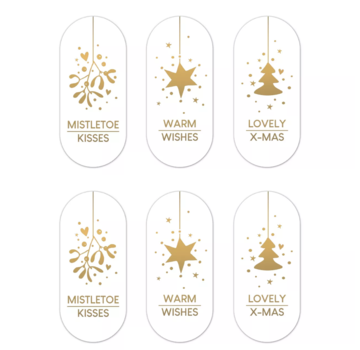Kerst Cadeaustickers - Wit/Goud - 6 Stuks