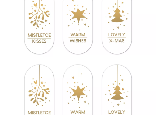 Kerst Cadeaustickers - Wit/Goud - 6 Stuks