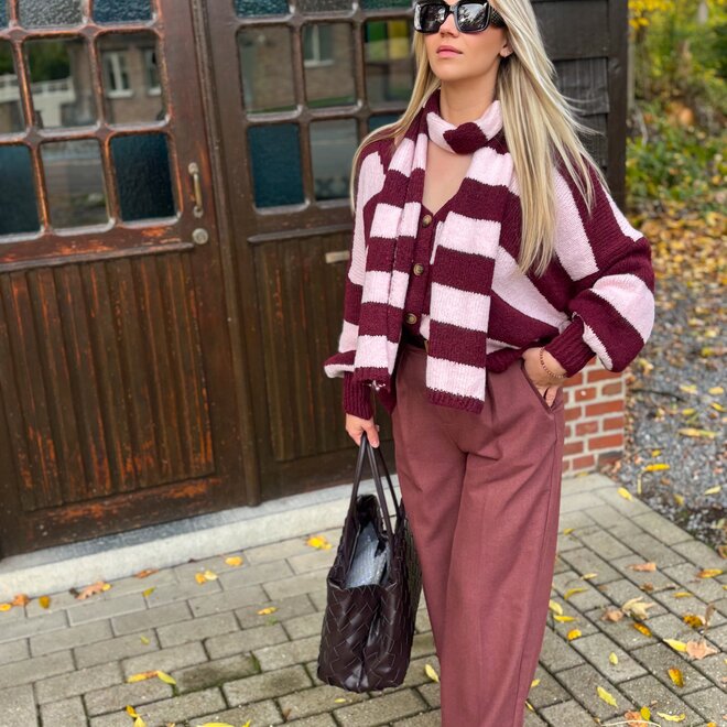 Comfy Contrast Cardigan Bordeaux-Pink