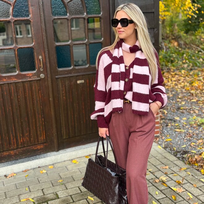 Comfy Contrast Cardigan Bordeaux-Pink