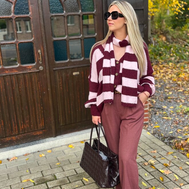 Comfy Contrast Cardigan Bordeaux-Pink