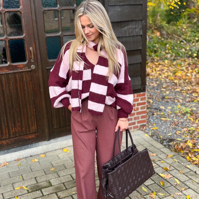 Comfy Contrast Cardigan Bordeaux-Pink