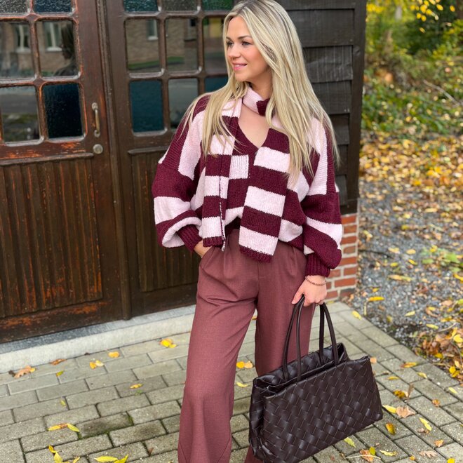 Comfy Contrast Cardigan Bordeaux-Pink