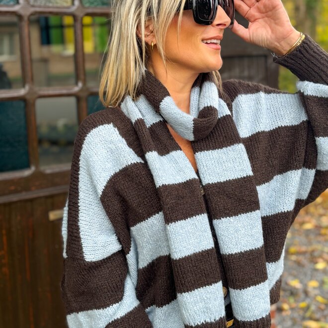 Comfy Contrast Cardigan Brown-Blue