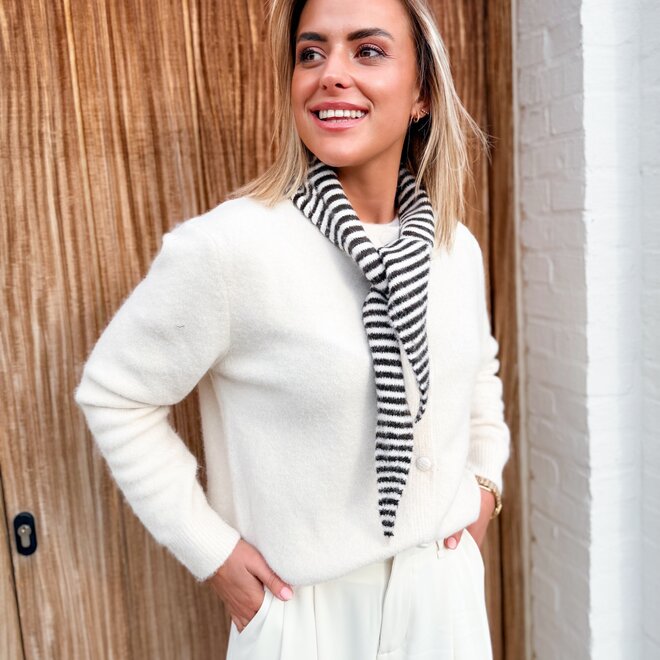 Soft neutral cardigan + neck scarf