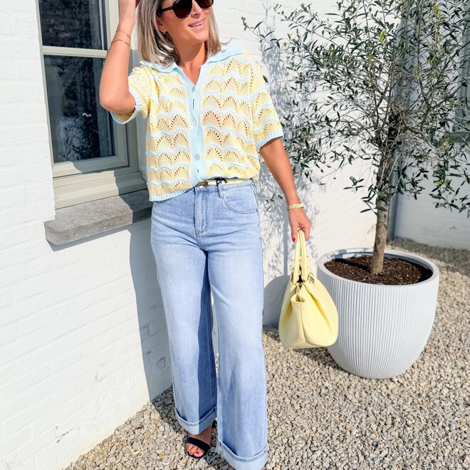 Crochet weave top blue-yellow