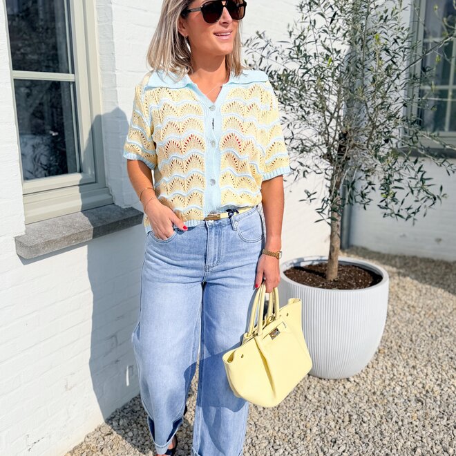 Crochet weave top blue-yellow