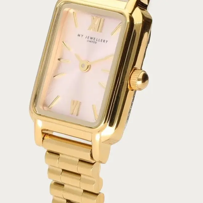Square watch with a light pink dial