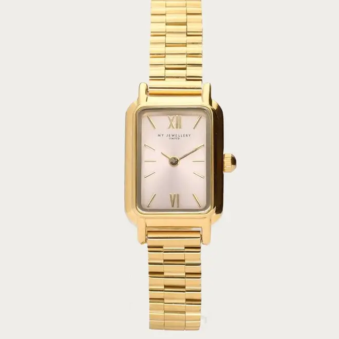 Square watch with a light pink dial