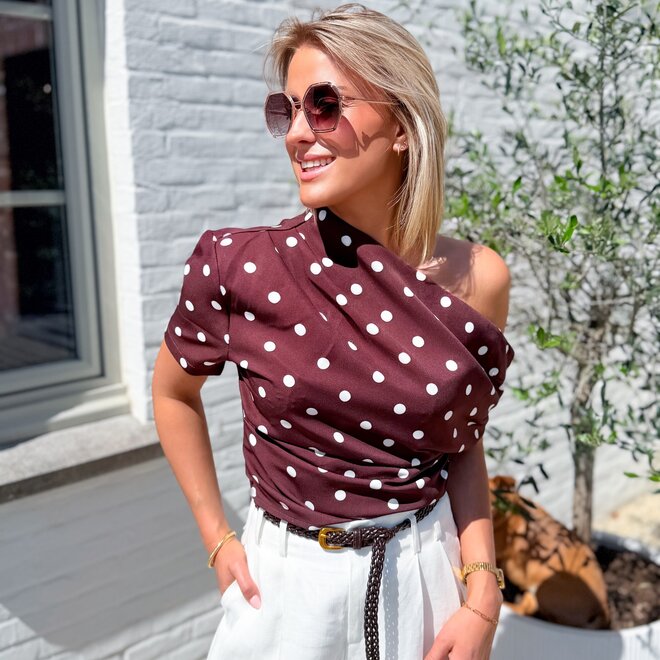 Dots off shoulder top brown