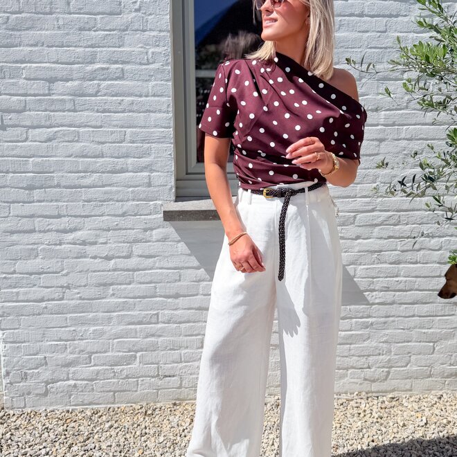 Dots off shoulder top brown
