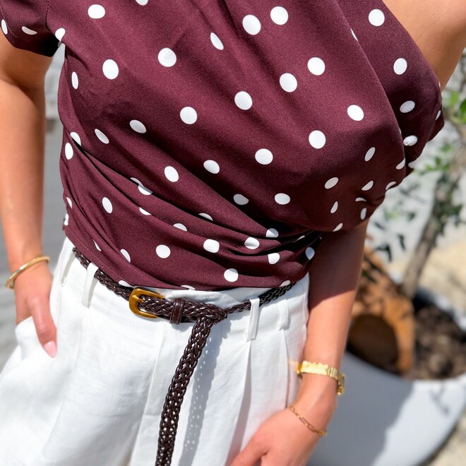 Dots off shoulder top brown