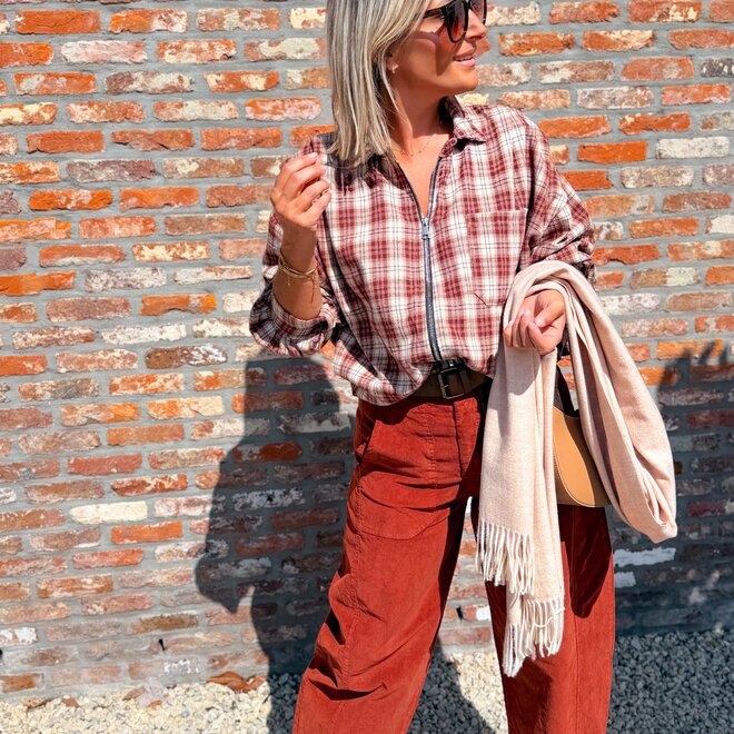 *Plaid flannel-style zip-up overshirt