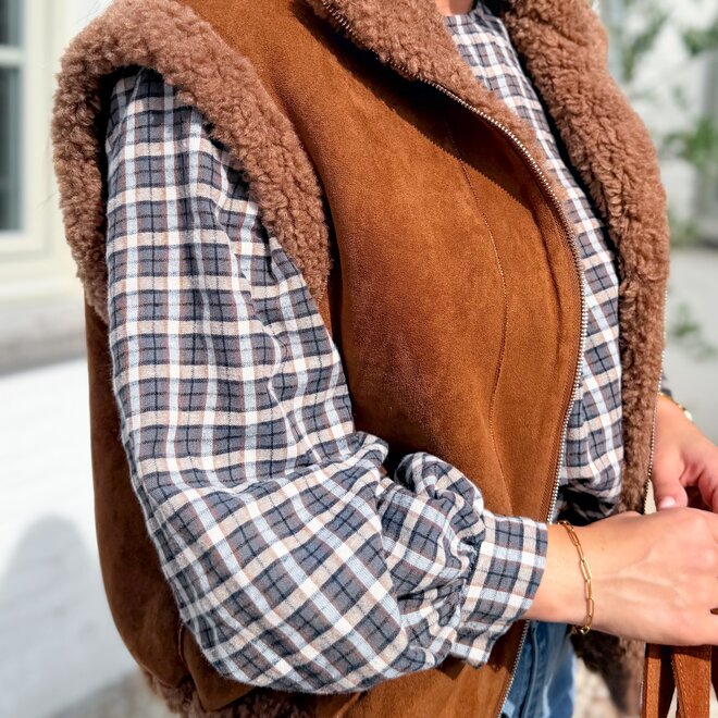 *Cotton plaid button blouse bleu