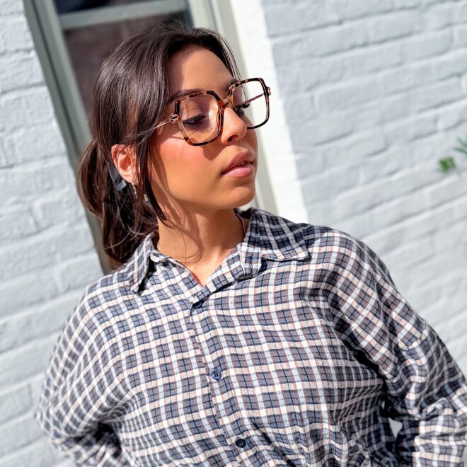 *Cotton plaid button blouse bleu
