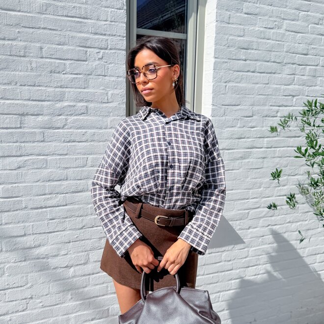 *Cotton plaid button blouse bleu