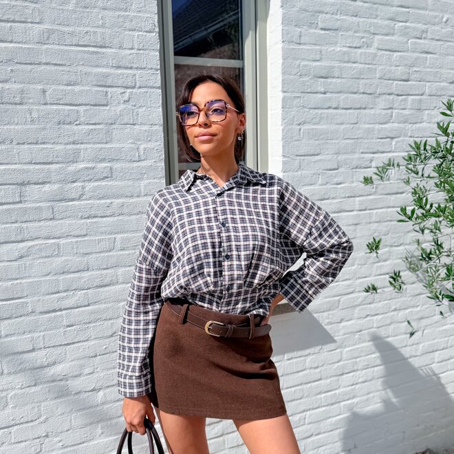 *Cotton plaid button blouse bleu