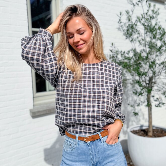 *Cotton plaid blouse bleu