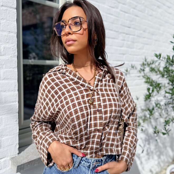 *Cotton plaid button blouse beige